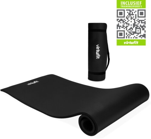 VirtuFit NBR Fitnessmat - 180 x 60 x 1,5 cm - Zwart - met Draagkoord - Gratis Trainingsvideo's