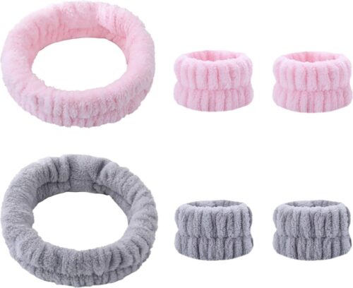 Wasbandjes - Waterabsorberend - 2 Hoofd banden en 4 wasbandjes - Skincare haarband en polsbandjes set - Make up hoofdband - Microvezel - Roze en Grijs