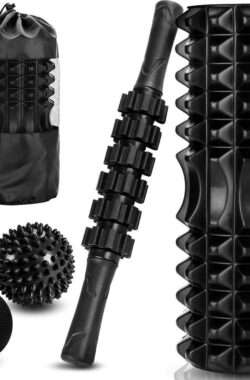 Zwarte schuimroller & massagestokset – 4-in-1 diepe weefselschuimroller set met massageballen – fitness yoga ontspanning pilates