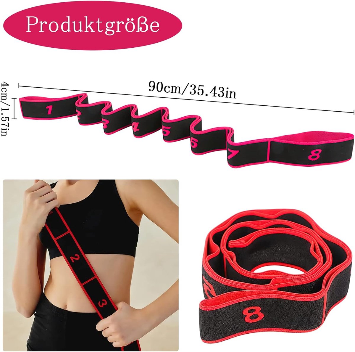 2 stuks yoga stretch riemen, extra lange fitnessbanden, trainingsbanden, ideale weerstandsbanden voor alle oefeningen, fitness, danstraining, gymnastiek, pilates, yoga (rood en roze)