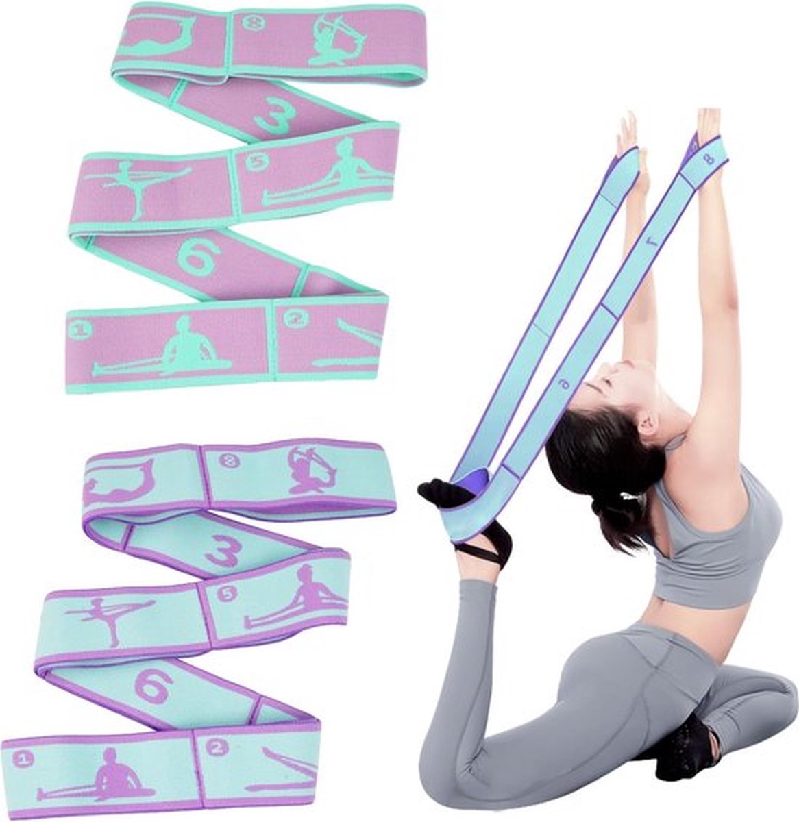 2 stuks yoga-stretchband, fitnessband met 8 lussen, yoga-stretchband, gymnastiekband, zeer elastisch, wasbaar, yoga-band om uit te rekken voor mannen en vrouwen, beentraining, gymnastiek, dans,