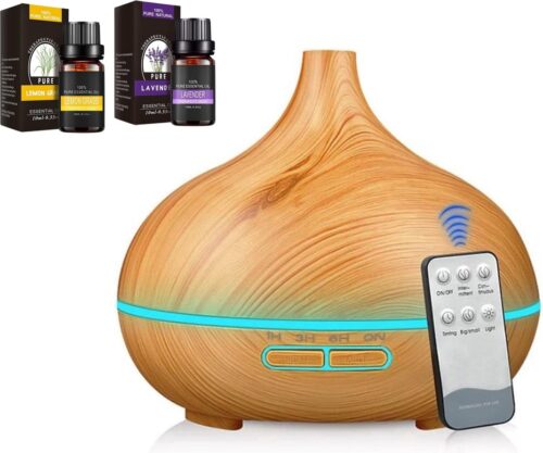 Aroma Diffuser Luchtbevochtiger Humidifier 550ml met Afstandsbediening - Geurverspreider met 2x 100% puur Etherische Lemon Grass en Lavendel Olie Gratis - Houtskleur - Tensfact®