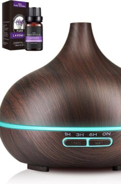 Aroma Diffuser Luchtbevochtiger Humidifier 550ml met Afstandsbediening – Geurverspreider met 2x 100% puur Etherische Lemon Grass en Lavendel Olie Gratis – Donkerbruin – Tensfact®