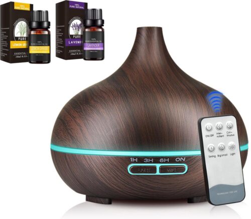 Aroma Diffuser Luchtbevochtiger Humidifier 550ml met Afstandsbediening - Geurverspreider met 2x 100% puur Etherische Lemon Grass en Lavendel Olie Gratis - Donkerbruin - Tensfact®