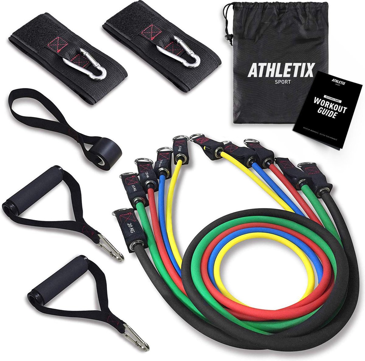 Athletix Weerstandsbanden XL Set - Handvaten - Enkelbanden - Gratis Draagtas & Oefeningen - 5 Resistance bands