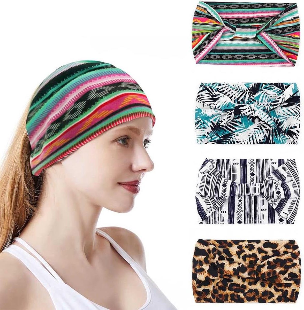 Brede luipaard print elastische haarbanden - sport blad hoofdband voor vrouwen en meisjes (4 stuks)