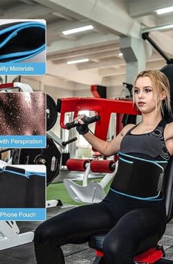 Buikweggordel fitness waist trainer dames, zweetgordel om af te vallen, buikweg trainer, buikriem, fitnessriem, verstelbaar, saunariem met telefoontasje tailletrimmer voor sauna, fitness (blauw), blauw, Eén maat