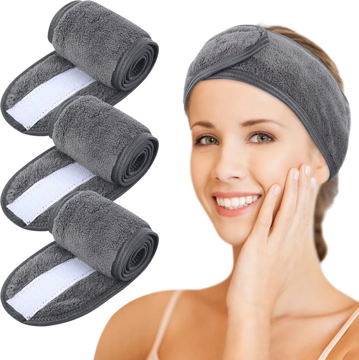 Cosmetica hoofdband badstof, cosmetica microvezel haarband, haarbeschermingsband met klittenbandsluiting voor cosmetische behandelingen, haarbescherming bij make-up, sport, yoga, wasbaar, 3