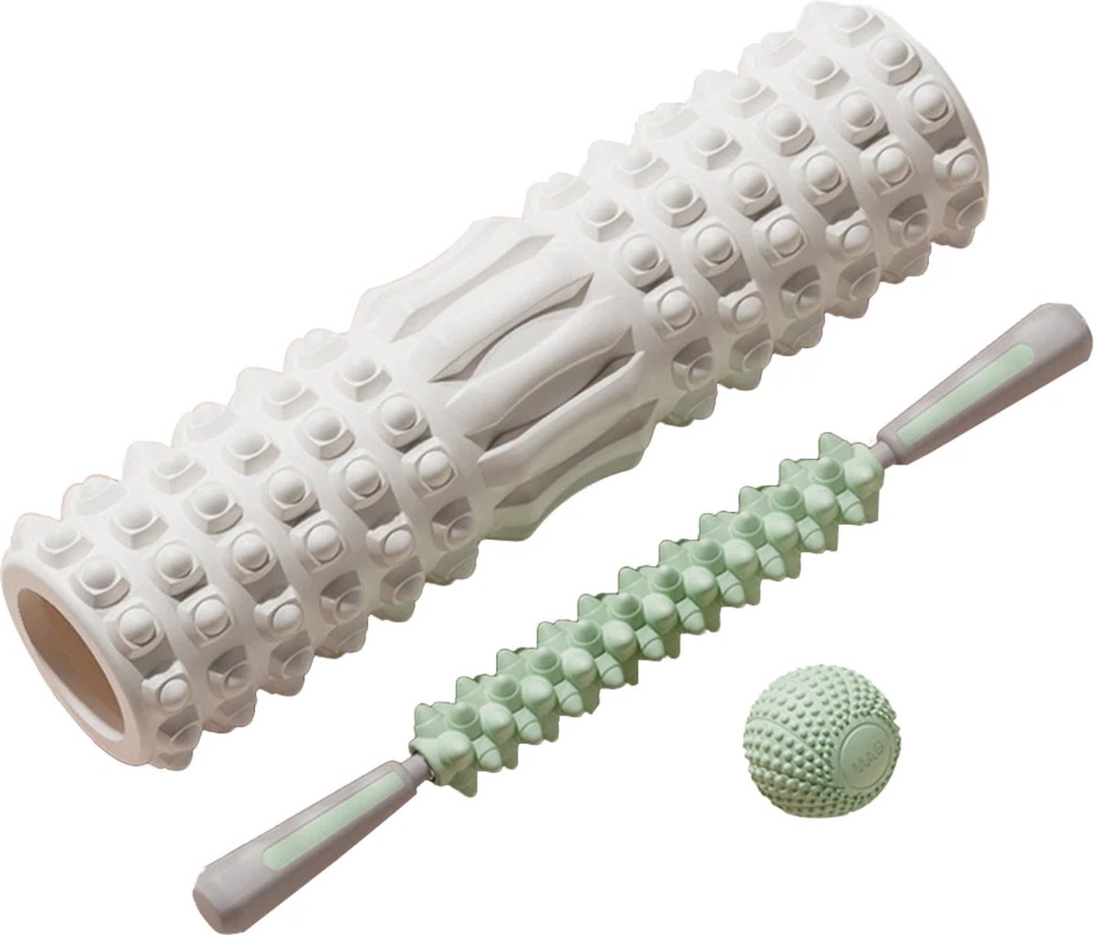 DW4Trading Foam Roller Set 3 Delig met Foamroller, Massage Stick, Massage Bal Wit Groen - Grid Triggerpoint - Fitness - Yoga - Pilates