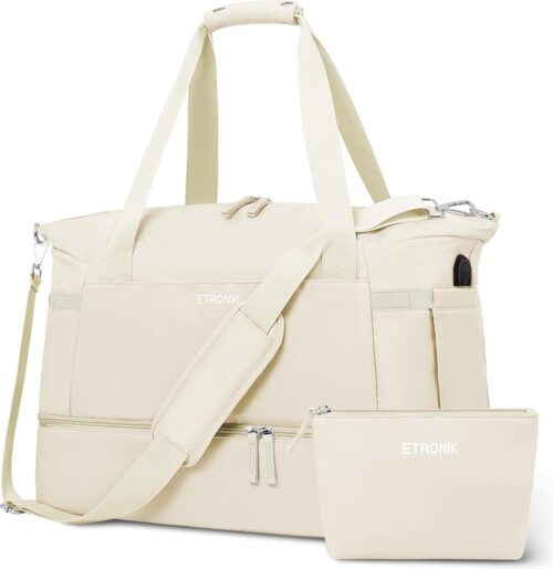 Dames sporttas Reistas met schoenenvak, 55L Weekender Dames groot met nat compartiment, sportreistas voor reizen Gym Yoga, handbagage tas voor vliegtuig, beige, groot