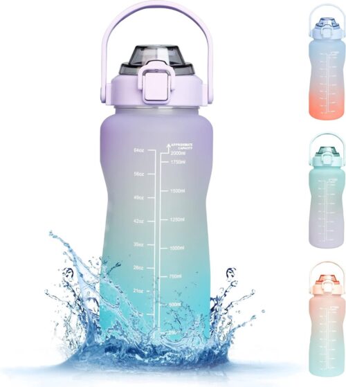 DiverseGoods Waterfles van 2,2 l met rietje. Sportwaterfles met tijdmarkering, waterfles met handvat, lekbestendige Tritan-drinkfles, BPA-vrij voor fitness en buitensporten