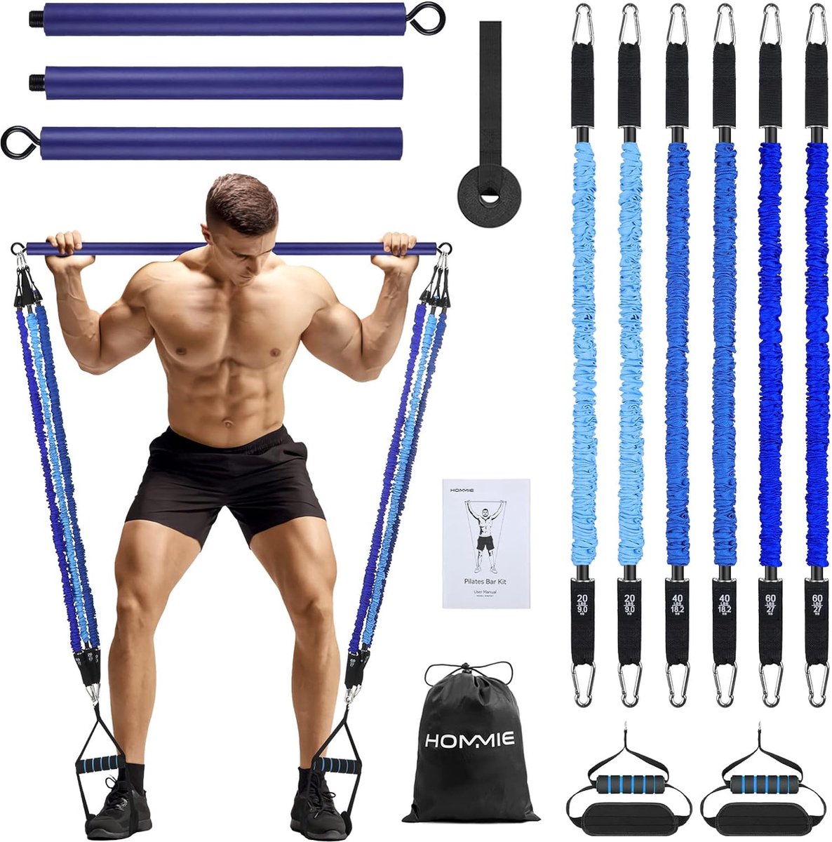 Duurzame en Luxe Pilates-barkit met 6 weerstandsbanden, 150 lbs of 250 lbs optioneel - Hommie draagbare pilates flexbanden trainingsapparatuur barkit voor dames en heren, 3-delige stick squat yoga voor thuistrainingen - Luxe Pilates set