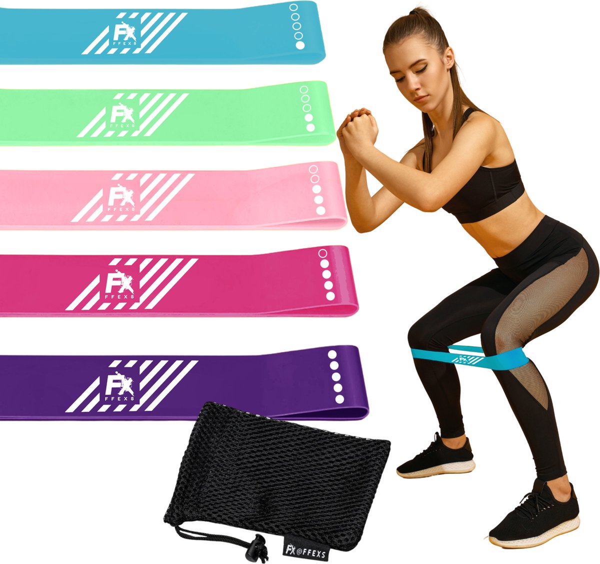 FX FFEXS Fitness Weerstandsbanden Set van 5 - Resistance Band - Fitness Elastiek - Booty Band - Sport Elastiek Banden - Fitness Band - Mini Bands - Verschillende Weerstandsniveaus - Inclusief Draagzakje - Multi Color