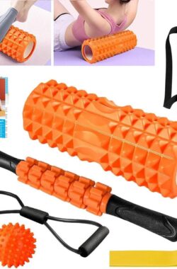 Fasciarol set met massageroller – weerstandsbanden voor krachttraining – massagebal en fitnessbanden – 33 cm schuimrol voor yoga pilates met poster (oranje)