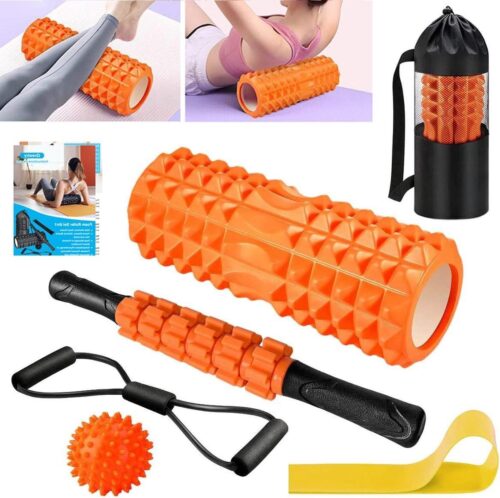 Fasciarol set met massageroller - weerstandsbanden voor krachttraining - massagebal en fitnessbanden - 33 cm schuimrol voor yoga pilates met poster (oranje)