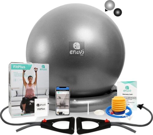 Fit+ oefenbal met fitnessbanden Sitzball Pezziball Set Weerstandsbanden en gebruikershandleiding incl. Voor fitness, yoga, gymnastiek, core training, voor een sterke rug als bureaustoel 65 cm(155-175)