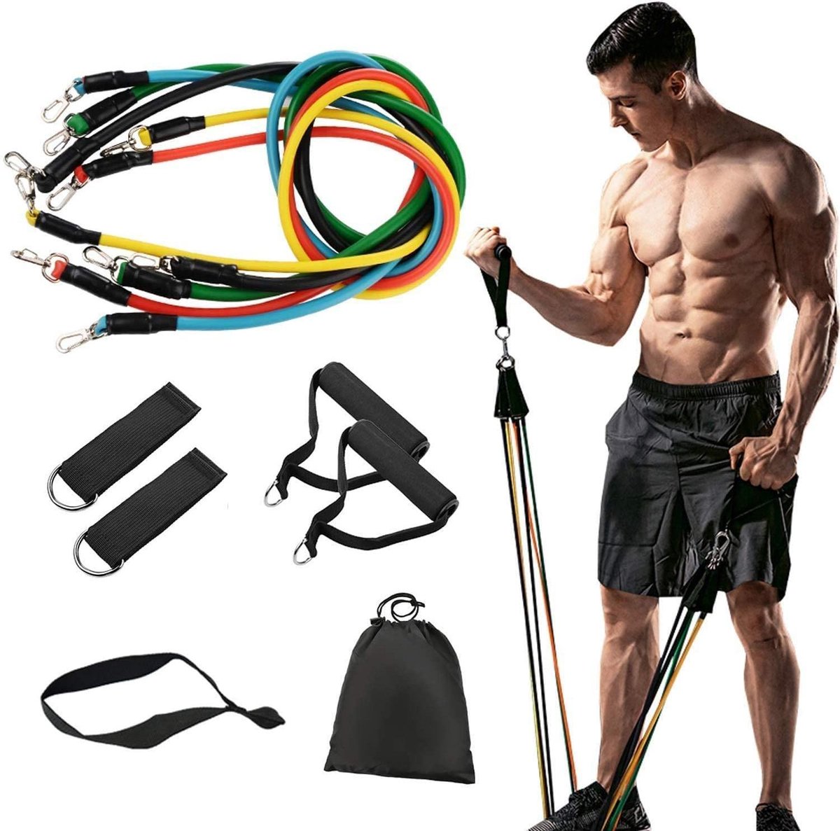 Fitness Elastiek - Resistance band - Weerstandsbanden set - workout set met handvatten, enkel straps en deuranker