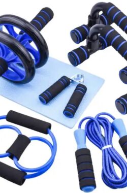 Fitness set 6 in 1 – Opdruksteunen – Push up bars – Ab roller – Springtouw – Weerstandsbanden – Yoga mat – Thuis fitness – Blauw