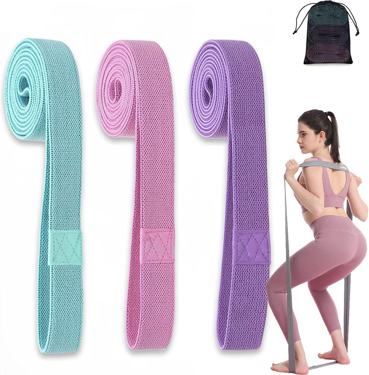 Fitnessbanden Weerstandsbanden Lange stoffen weerstandsbanden Set van 3 antislip sportbanden Trainingsbanden Fitness Home Pull-Up Band voor Yoga Pilates Krachttraining Gymnastiek