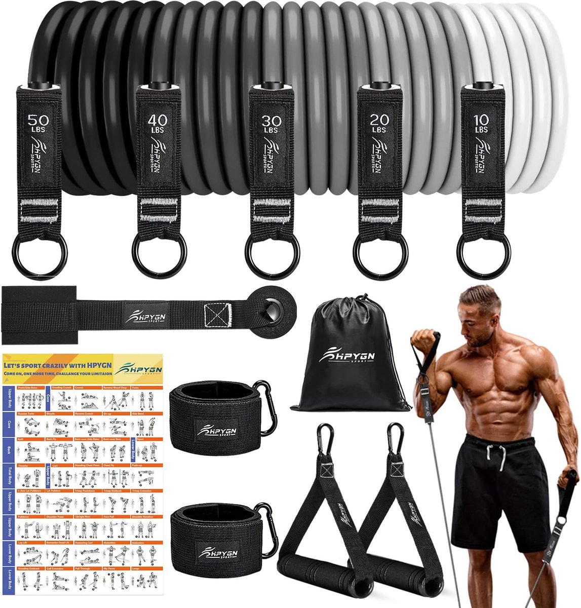 Fitnessbanden set, 150 lbs, 200 lbs, 250 lbs weerstandsbanden met 5 verschillende sterktes, weerstandsbanden set met handvatten, enkelband en deuranker, draagbare rugzak, voor binnen thuisgym en buiten.