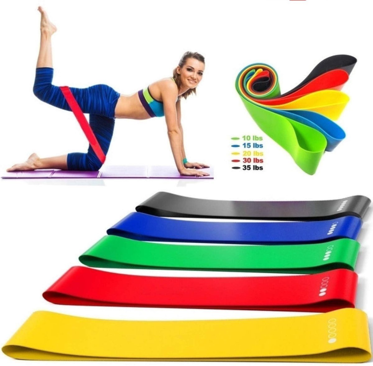 Fitnessbanden, set van 5 elastische weerstandsbanden van natuurlijk latex, met handleiding voor training in het Italiaans (mogelijk niet beschikbaar in het Nederlands) en draagtas voor