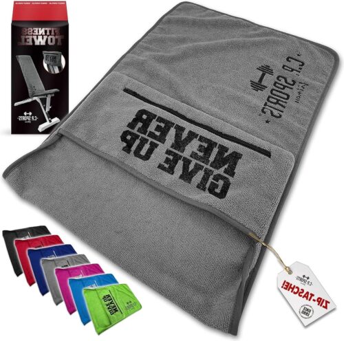 Fitnesshanddoek microvezel fixatie tas met ritssluiting - sport handdoek extra zacht wasbaar - lang en groot - lichtgrijs yoga handdoek antislip