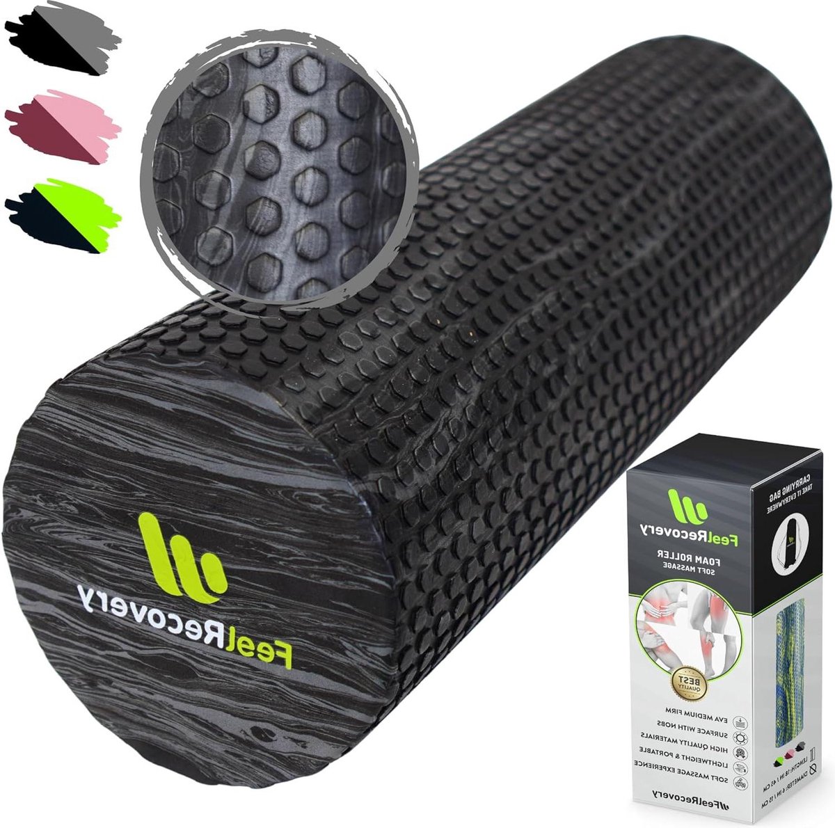 Foam Roller Zacht (45x15 cm) Schuimroller EVA Medium-Soft voor Rug Kuiten Benen & Trigger Point - Massageroller voor Yoga Pilates Fitness & Sport - Fascia Roller Zwart