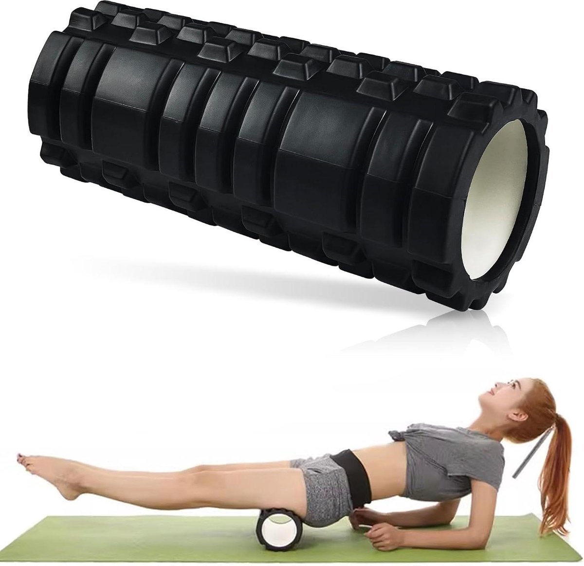 Foam roller - Wervelkolom massage met 3D-textuur - Zelfmassage fitnessrol voor nek en rug - Zwart (33 cm x 14 cm)