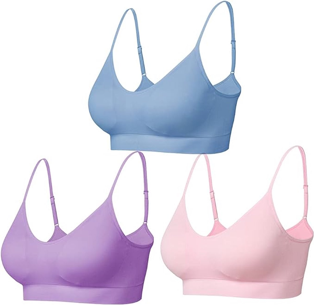 Gewatteerde Bralette voor Vrouwen Bandjes Slaap Bras Naadloze Yoga Sport Bras 3 Pack - kleuren Roze, Blauw, Paars - Maat M