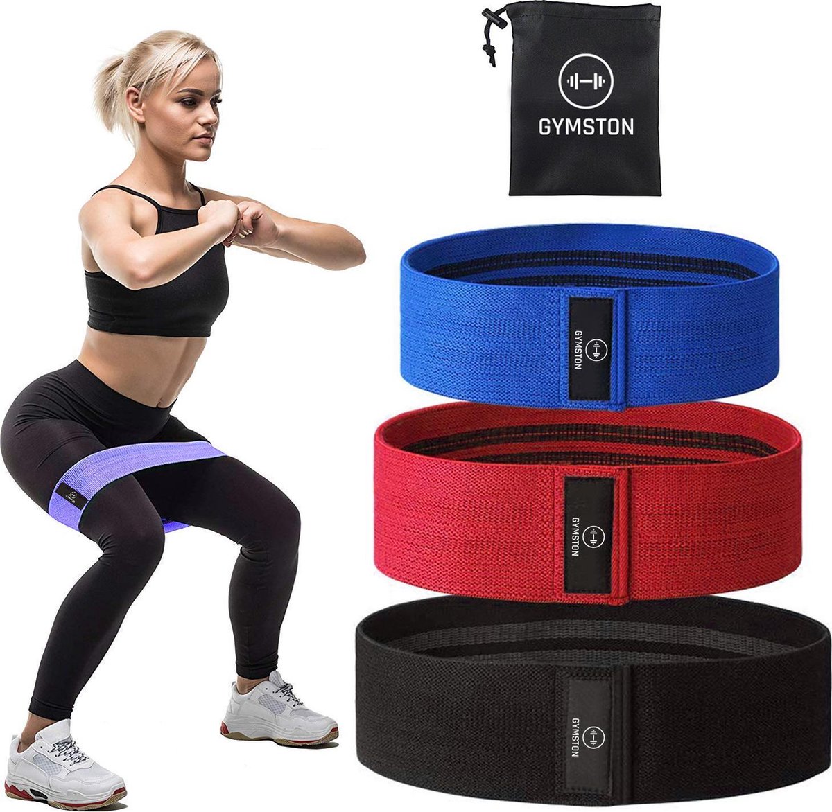 Gymston - Premium Weerstandsbanden Set van 3 - Met Gratis Draagtas - Resistance Bands - Fitness elastiek - Resistance Bands - Fitnessbands - Weerstandsband - Hip bands - Fitnessband