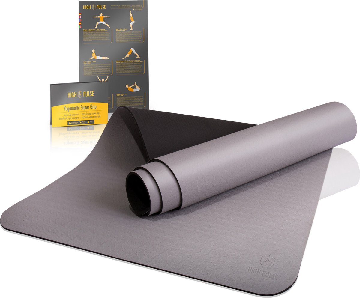 High Pulse® Yoga Mat 'Super Grip' - Extra anti-slip en zweetbestendige gymnastiekmat + praktische draagband voor yoga, Pilates en fitness - voor beginners en ervaren yogi's (Grijs)