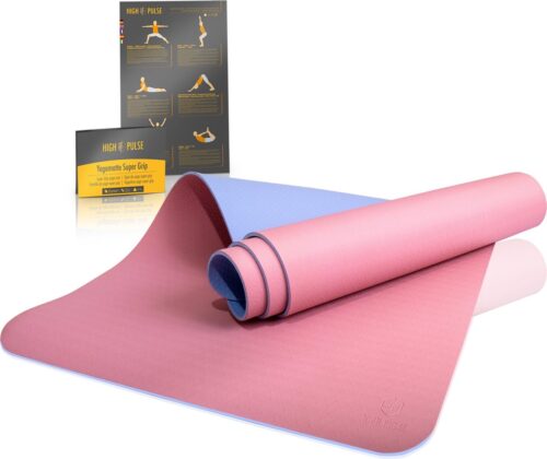 High Pulse® Yoga Mat 'Super Grip' - Extra anti-slip en zweetbestendige gymnastiekmat + praktische draagband voor yoga, Pilates en fitness - voor beginners en ervaren yogi's (Roze & Blauw)