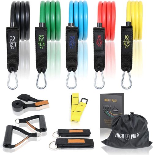 High Pulse® weerstandsbanden set met 5 sterktes incl. voetbanden, handgrepen, deurankers, expander en oefenposter voor fitnesstraining - weerstandsbanden voor krachttraining, home workout en yoga.