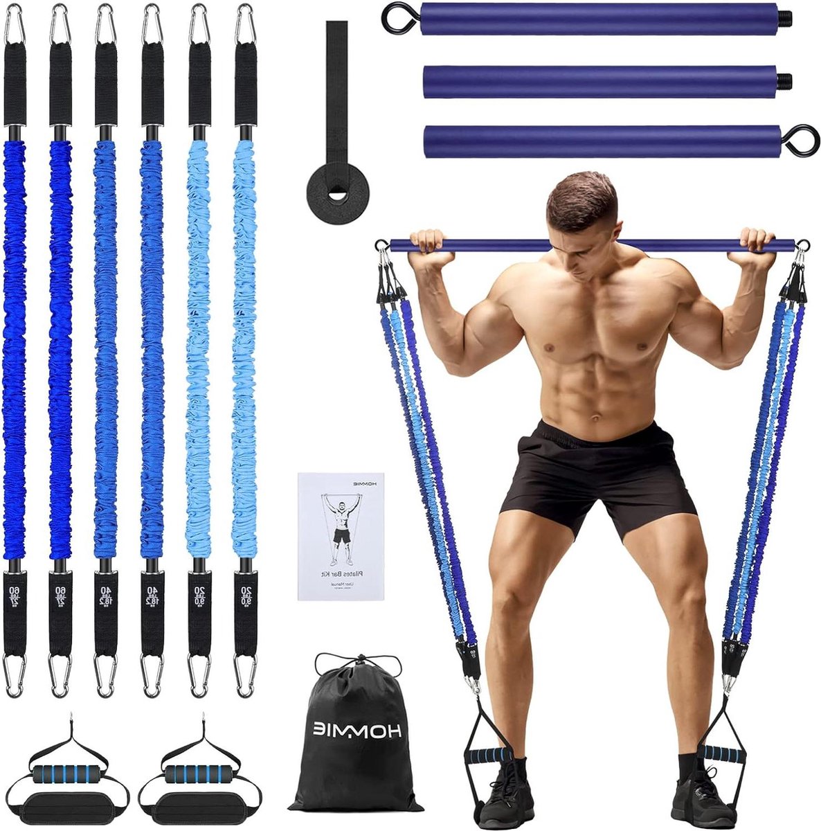 Hommie draagbare pilates-barkit met 6 weerstandsbanden 150 lbs of 250 lbs - Pilates flexbanden voor dames en heren - 3-delige stick squat yoga set voor thuistrainingen