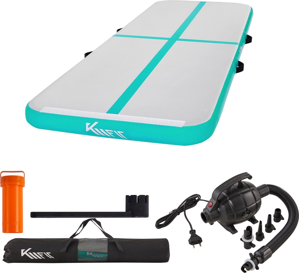 KM-Fit Airtrack - Turnmat - 3 m - Gymnastiekmat Opvouwbaar - Incl. elektrische pomp & patch kit - Mintgroen