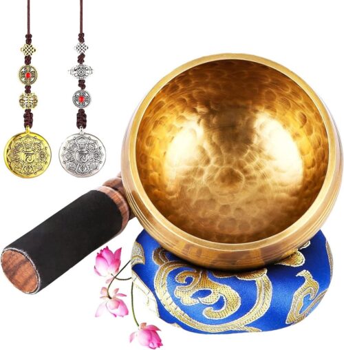 Klankschaalset Singing Bowl uit Tibet - Handgemaakt in Nepal - Voor yoga meditatie ontspanning met stok, klankschaalkussen en koperen ornamenten.