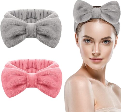 LIXIN Set 2 Stuks Make-up Haarbanden - Roze, Grijs - Cosmetische hoofdband - Haarband volwassenen - Bandeau - Vrouwen - Dames - Tieners - Meiden - Dans - Yoga - Hardlopen - Sport - Haaraccessoires