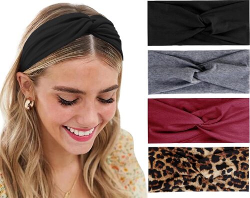 LIXIN Set 4 Stuks Dames Haarbanden - Nieuwe Stijl - Kleur 2 - Sport haarbanden - Meisjes - Tieners - Vrouwen - Volwassenen - Haarband met knoop - Elastisch antislip - Yoga - Hardlopen - Sport - Haaraccessoires