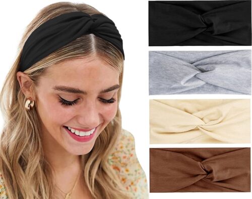 LIXIN Set 4 Stuks Dames Haarbanden - Nieuwe Stijl - Kleur 3 - Sport haarbanden - Meisjes - Tieners - Vrouwen - Volwassenen - Haarband met knoop - Elastisch antislip - Yoga - Hardlopen - Sport - Haaraccessoires