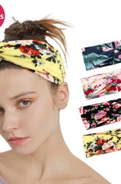 LIXIN Set 4 Stuks Gebloemd Haarbanden – Kleur 1 – Dames haarbanden – Bloemen – Meisjes – Tieners – Vrouwen – Volwassenen – Haarband bloemenprint met knoop – Elastisch antislip – Yoga – Hardlopen – Sport – Haaraccessoires