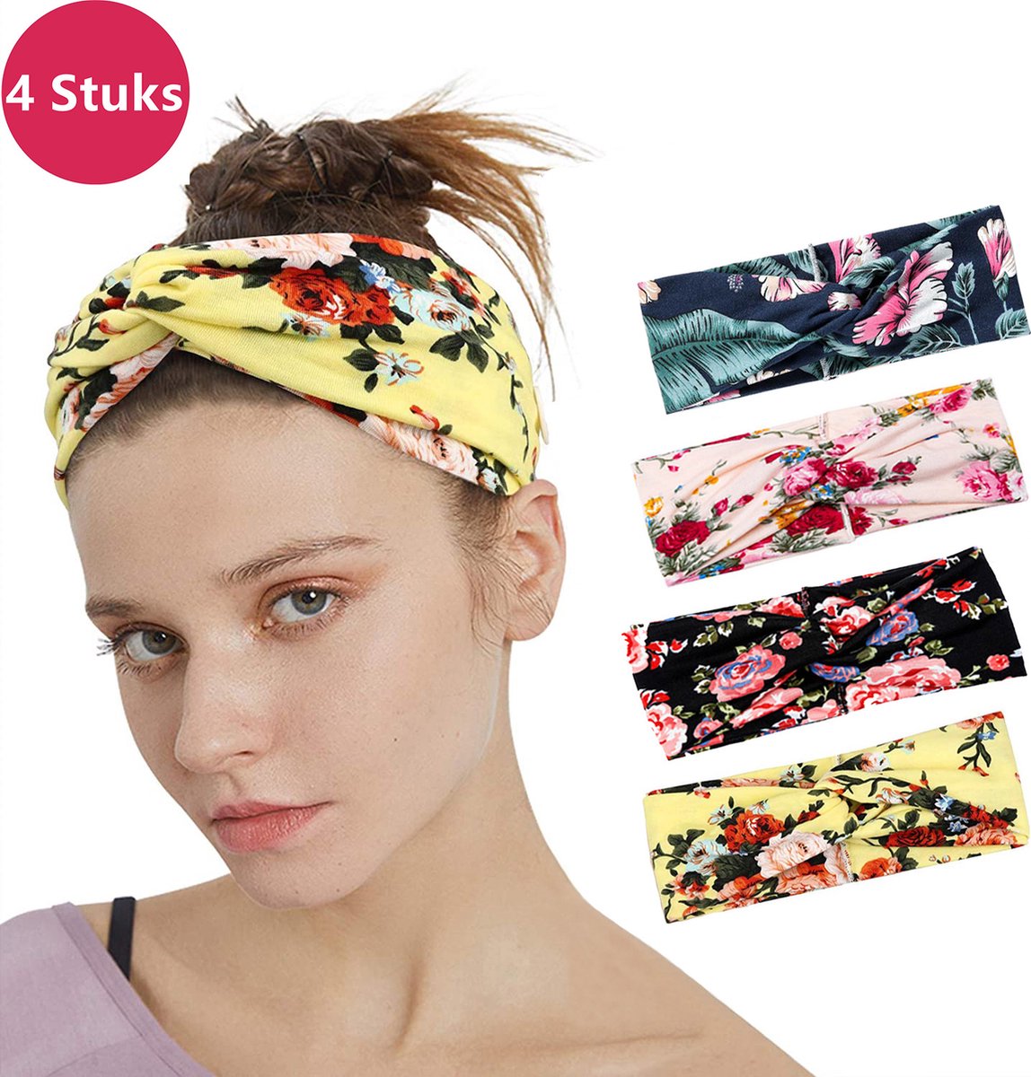 LIXIN Set 4 Stuks Gebloemd Haarbanden - Kleur 1 - Dames haarbanden - Bloemen - Meisjes - Tieners - Vrouwen - Volwassenen - Haarband bloemenprint met knoop - Elastisch antislip - Yoga - Hardlopen - Sport - Haaraccessoires