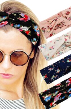 LIXIN Set 4 Stuks Gebloemd Haarbanden – Kleur 2 – Dames haarbanden – Bloemen – Meisjes – Tieners – Vrouwen – Volwassenen – Haarband bloemenprint met knoop – Elastisch antislip – Yoga – Hardlopen – Sport – Haaraccessoires