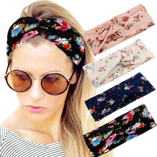 LIXIN Set 4 Stuks Gebloemd Haarbanden - Kleur 2 - Dames haarbanden - Bloemen - Meisjes - Tieners - Vrouwen - Volwassenen - Haarband bloemenprint met knoop - Elastisch antislip - Yoga - Hardlopen - Sport - Haaraccessoires