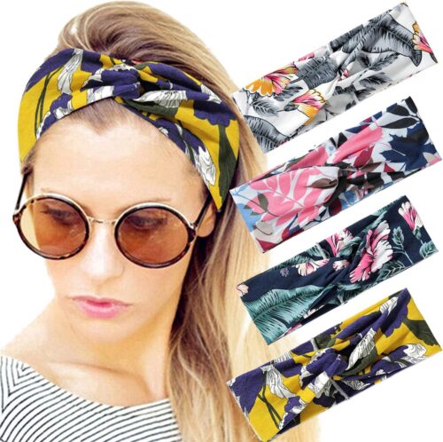 LIXIN Set 4 Stuks Gebloemd Haarbanden - Kleur 3 - Dames haarbanden - Bloemen - Meisjes - Tieners - Vrouwen - Volwassenen - Haarband bloemenprint met knoop - Elastisch antislip - Yoga - Hardlopen - Sport - Haaraccessoires