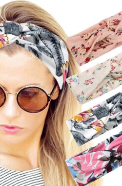 LIXIN Set 4 Stuks Gebloemd Haarbanden – Kleur 4 – Dames haarbanden – Bloemen – Meisjes – Tieners – Vrouwen – Volwassenen – Haarband bloemenprint met knoop – Elastisch antislip – Yoga – Hardlopen – Sport – Haaraccessoires