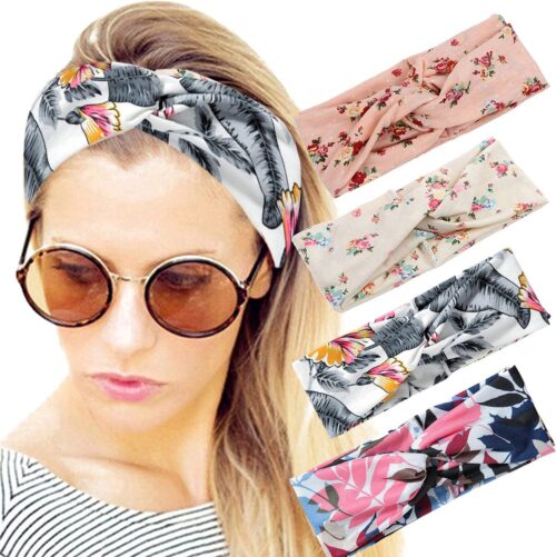 LIXIN Set 4 Stuks Gebloemd Haarbanden - Kleur 4 - Dames haarbanden - Bloemen - Meisjes - Tieners - Vrouwen - Volwassenen - Haarband bloemenprint met knoop - Elastisch antislip - Yoga - Hardlopen - Sport - Haaraccessoires