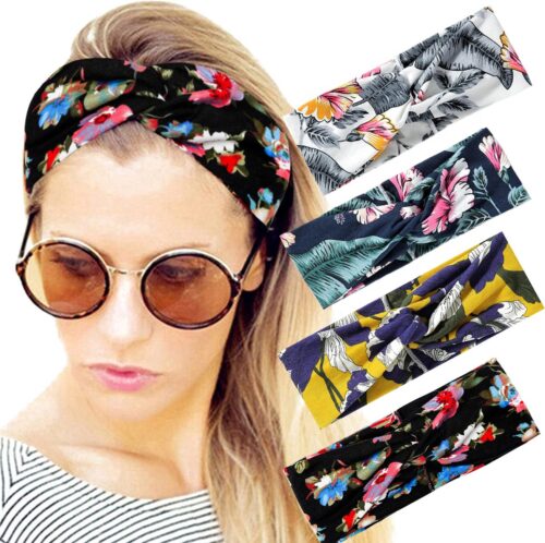 LIXIN Set 4 Stuks Gebloemd Haarbanden - Kleur 5 - Dames haarbanden - Bloemen - Meisjes - Tieners - Vrouwen - Volwassenen - Haarband bloemenprint met knoop - Elastisch antislip - Yoga - Hardlopen - Sport - Haaraccessoires