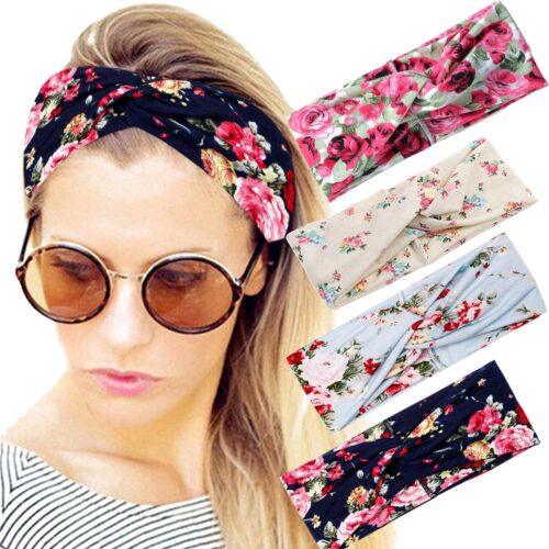 LIXIN Set 4 Stuks Gebloemd Haarbanden - Kleur 7 - Dames haarbanden - Bloemen - Meisjes - Tieners - Vrouwen - Volwassenen - Haarband bloemenprint met knoop - Elastisch antislip - Yoga - Hardlopen - Sport - Haaraccessoires