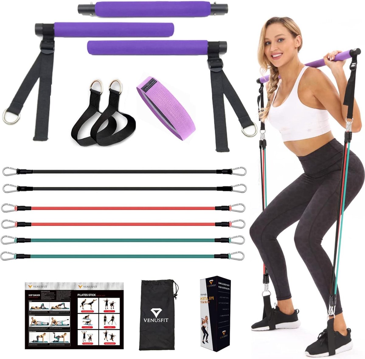 Luxe en Duurzame Pilates-stangenset met 6 staafjes, lichaamsvorm met verstelbare elastische weerstandsband, voor yoga, stretching, sculptuur, kniebuigingen, training in de sportschool, 25 kg - Pilates set voor Man en Vrouw