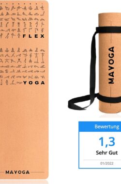 MAYOGA® Yogamat van kurk inclusief extra draagriem, met rek- en yoga-oefeningen, testwinnaar 01/2022 met de noot 1,3, de perfecte kurk-yogamat met 6 mm dikte, 183 x 61 x 0,6 cm